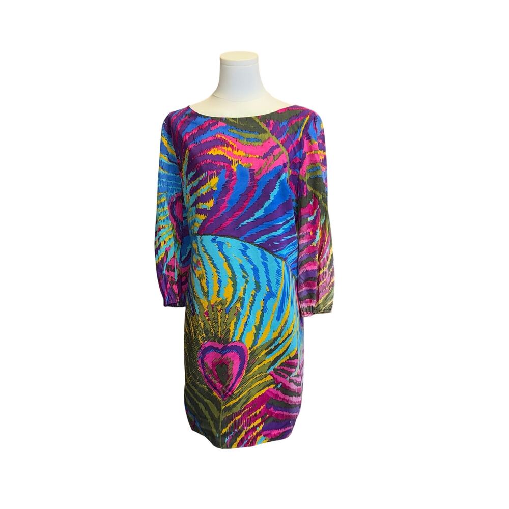 Trina Turk 100% Silk Peacock Print Shift Dress Long Sleeve Vibrant Size 8